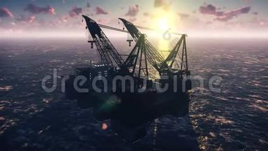 石油平台、海上平台或海上钻井平台在日落时。 真实的电影动画。